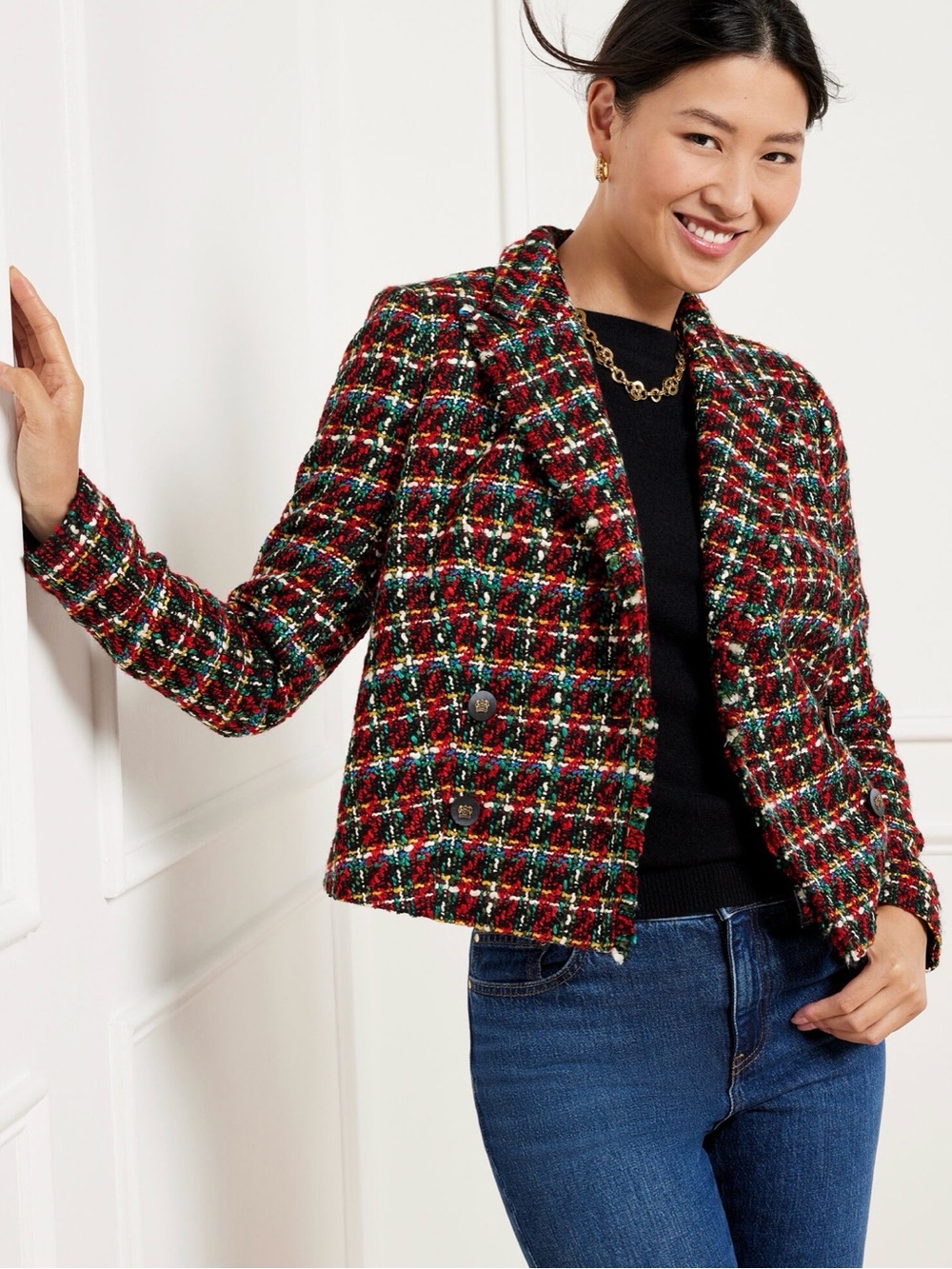 Talbots Tweed Fringe Jacket Multicolor Plaid Size 14P Petite